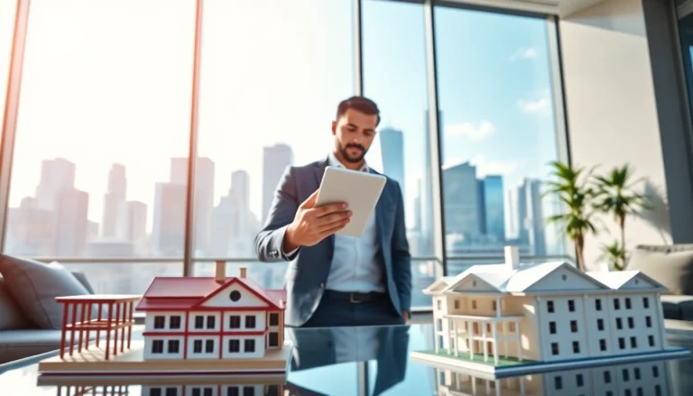 Real Estate professional engaging with digital listings in a modern office.