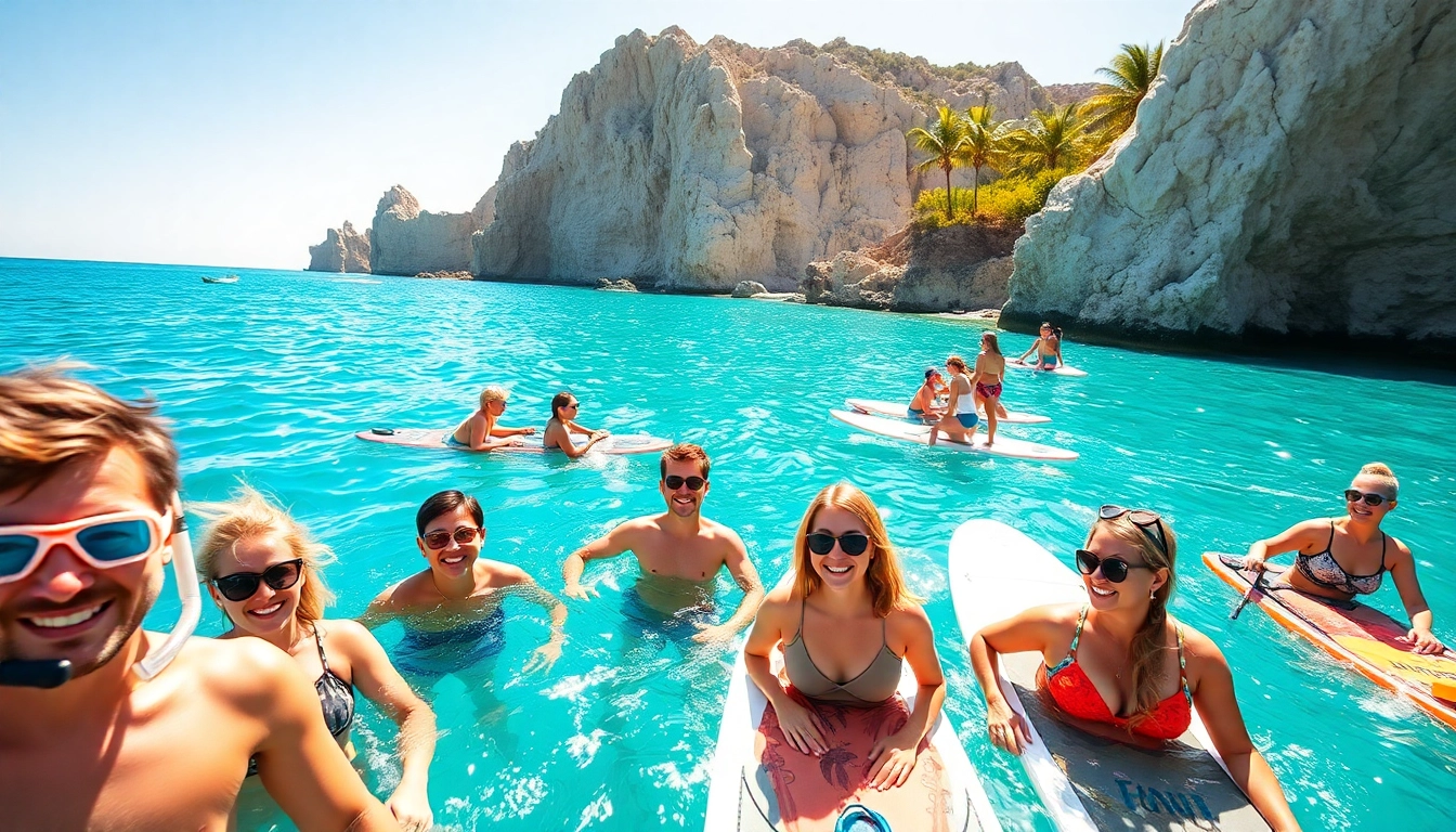 Experience Cabo adventure tours with a vibrant group of adventurers enjoying water activities.