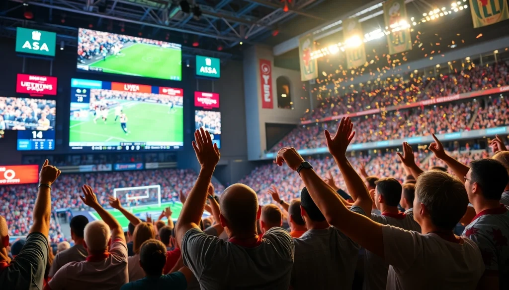 스포츠중계를 즐기는 흥미진진한 팬들의 모습과 다양한 경기 화면.