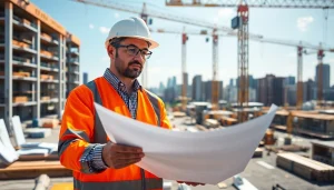 New Jersey Construction Manager examining blueprints at an active construction site.
