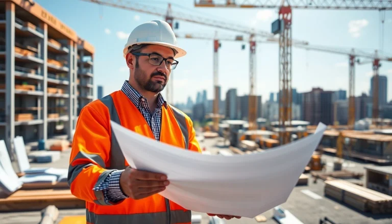 New Jersey Construction Manager examining blueprints at an active construction site.
