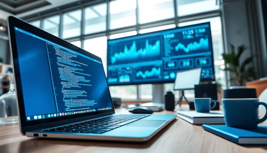 Harnessing technology in a modern workspace with a laptop and digital displays.