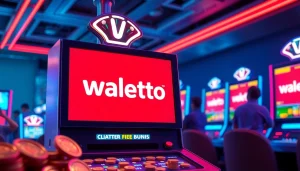 Walettoto menampilkan mesin permainan slot dengan suasana meriah di latar belakang.
