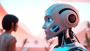 Engaging ai sex bot in a friendly conversation with a user in a futuristic setting.