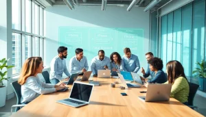 Dynamic professionals engaged in online contact data verification in a modern office.