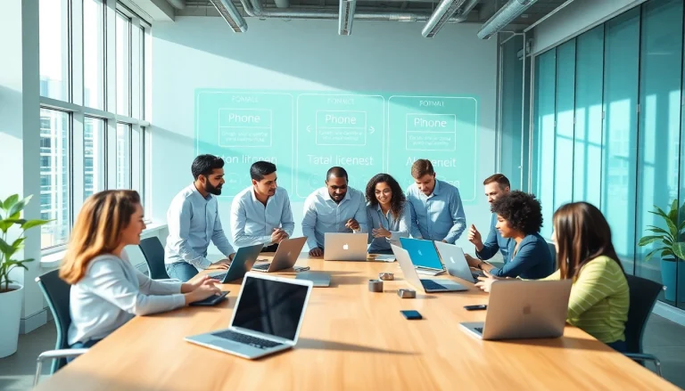 Dynamic professionals engaged in online contact data verification in a modern office.