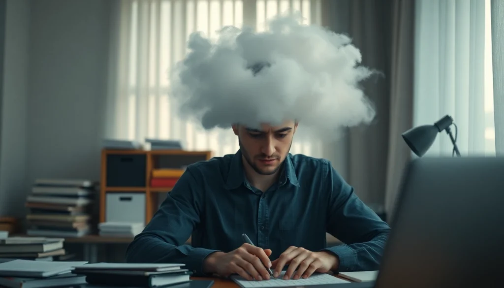 Person experiencing brain fog, surrounded by a muted study environment, showcasing confusion.