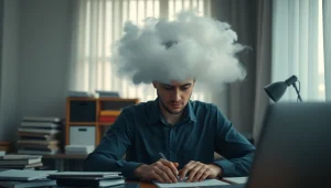 Person experiencing brain fog, surrounded by a muted study environment, showcasing confusion.