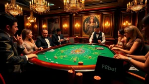 Players enjoying a blackjack game at F8bet casino table surrounded by vibrant roulette chips.