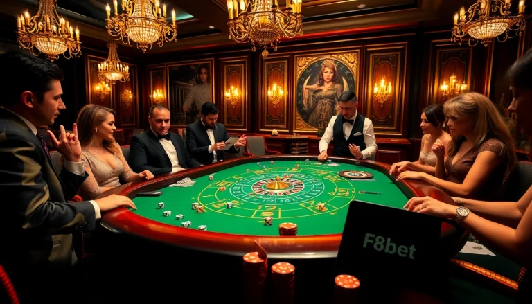 Players enjoying a blackjack game at F8bet casino table surrounded by vibrant roulette chips.