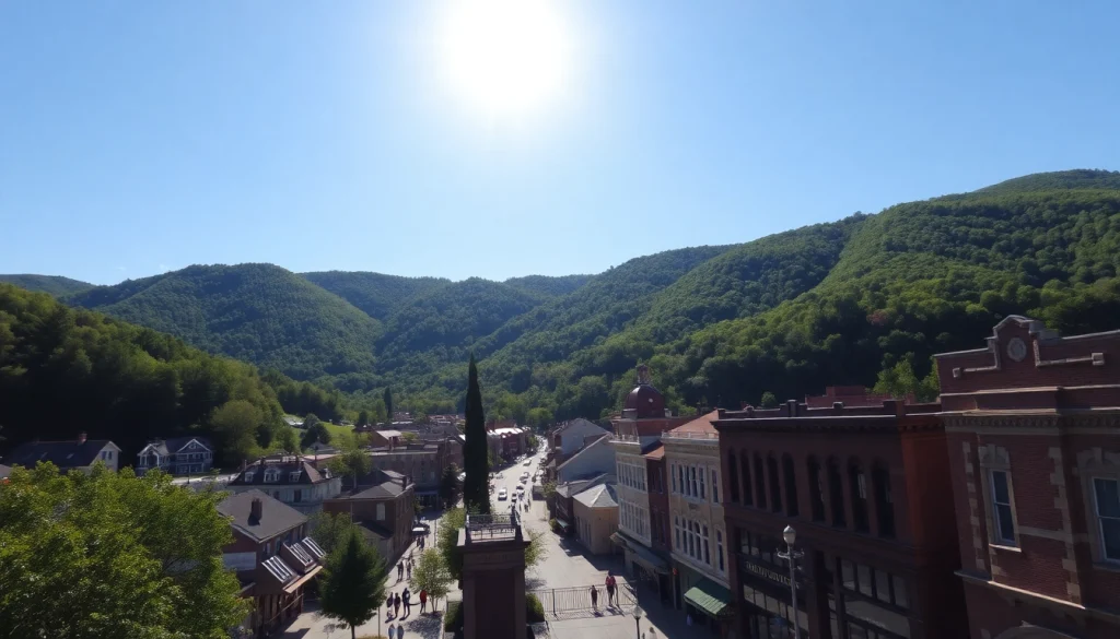 Experience the vibrant downtown Clarksburg, West Virginia, with its historic architecture and green hills.