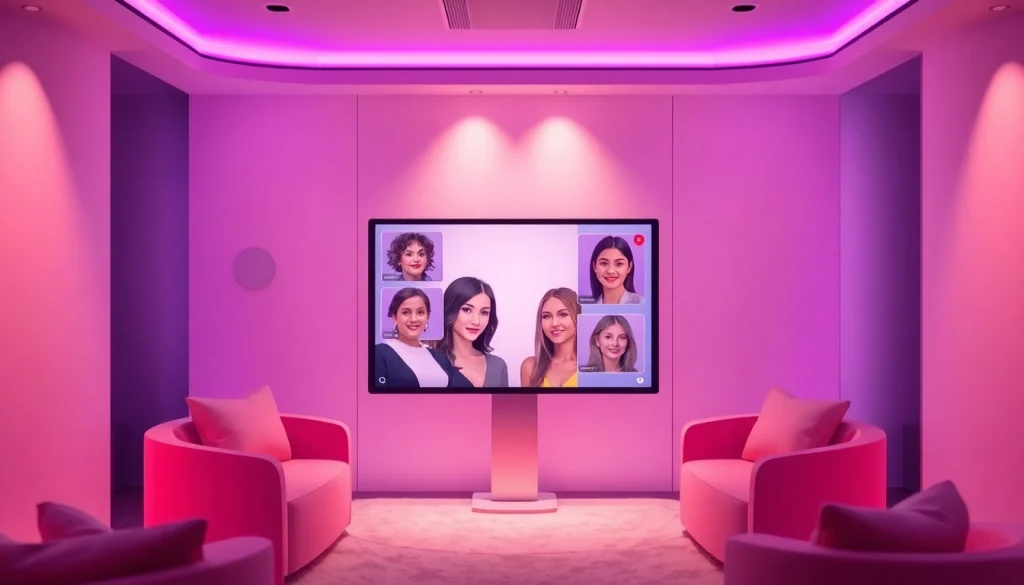 Engaging AI sex chat interaction featuring diverse avatars in a warm, intimate virtual space.