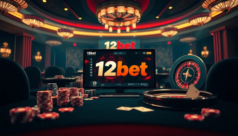 Experience the excitement of 12bet with a vibrant online casino scene featuring poker chips and roulette wheels.