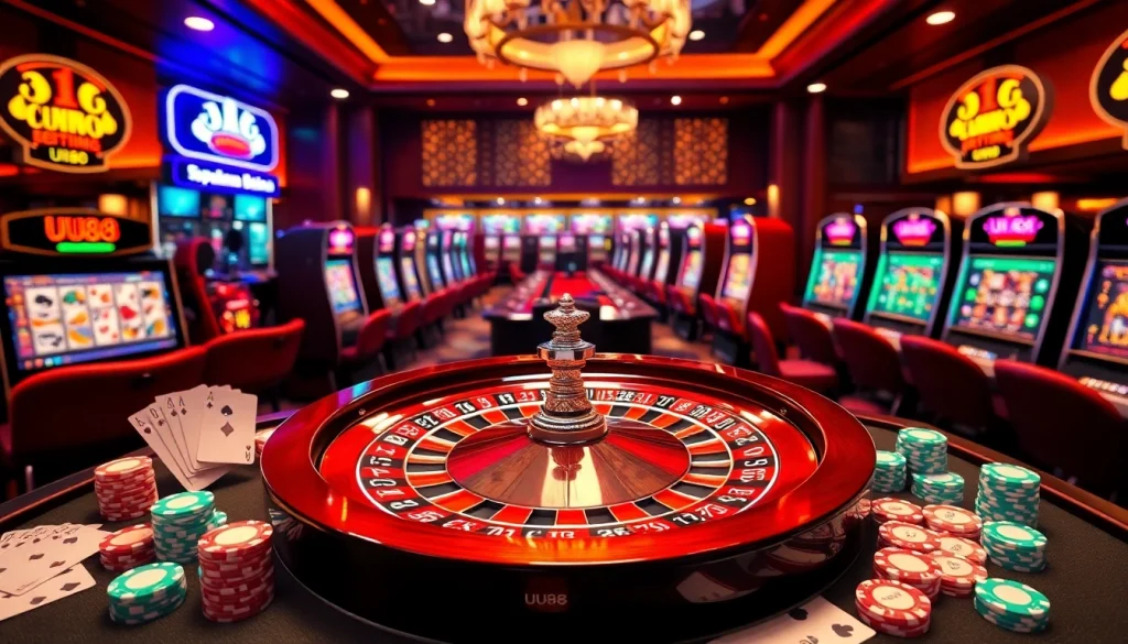 Experience excitement at UU88 online casino with roulette, cards, and vibrant slot machines.