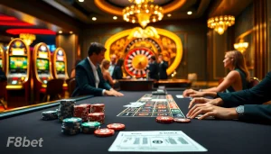 Engage in high-stakes gaming at F8bet with a vibrant casino atmosphere featuring poker tables and roulette wheels.