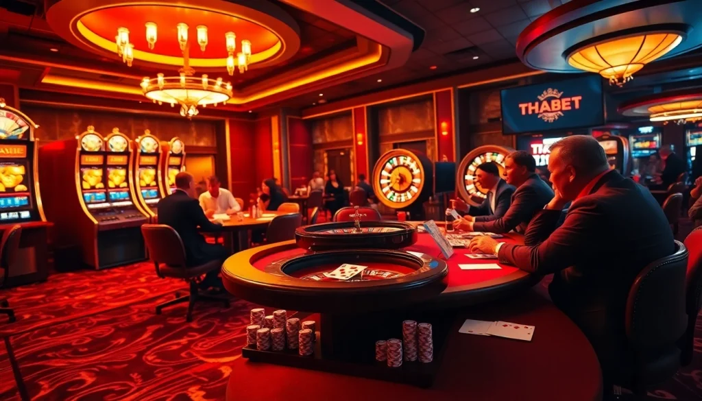 Experience high-stakes gambling at THABET with luxurious casino tables and vibrant slot machines.