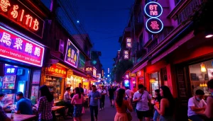 Vibrant 하노이밤문화 with busy streets, cafes, and neon lights in Hanoi.