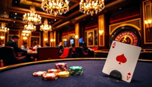 Bongdalu poker game with vibrant chips and intense players in a luxurious casino setting.