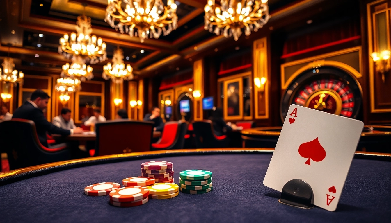 Bongdalu poker game with vibrant chips and intense players in a luxurious casino setting.