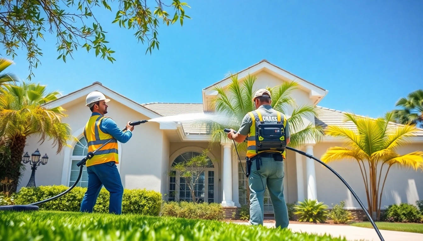 Soft wash professionals cleaning a residential home in Kissimmee, Florida, showcasing effective exterior cleaning.