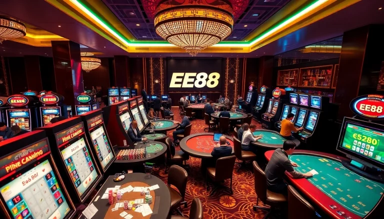 Players engaging with EE88's dynamic casino tables and vibrant slot machines.