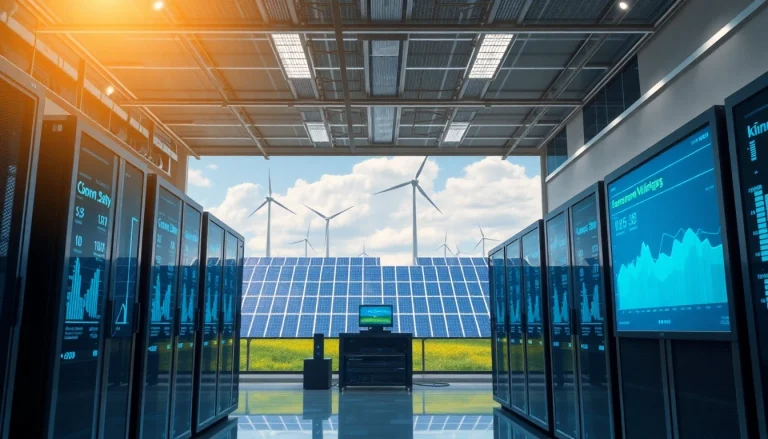 Bitcoin cloud mining facility with advanced technology and renewable energy sources, showcasing sustainability.