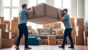 Moving company Vancouver team expertly relocating furniture and boxes in a bright room.