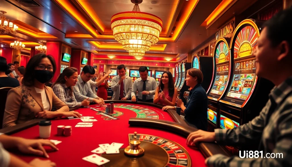 Experience the excitement at uu88.com with a luxurious casino scene featuring poker tables and slot machines.