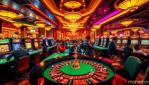 Marvelbet casino scene showcasing vibrant gaming activities and players engaged in betting.