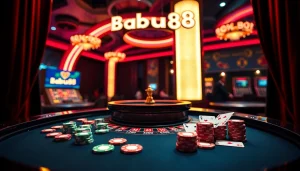 Experience thrilling gameplay at Babu88's dynamic casino table with poker chips and cards.