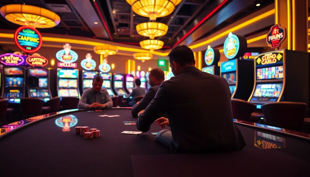 Engaged players enjoying casino games at online casinos Canada with vibrant slot machines and gaming tables.