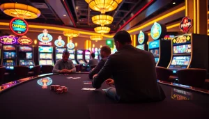 Engaged players enjoying casino games at online casinos Canada with vibrant slot machines and gaming tables.