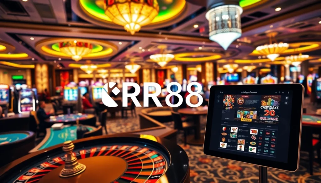 Engaging players enjoy dynamic gaming experiences at RR88 Casino, featuring vibrant slot machines and tables.