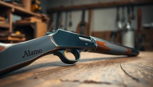 Highlighting the precision and design of the Alamo trigger in a rustic workshop setting.