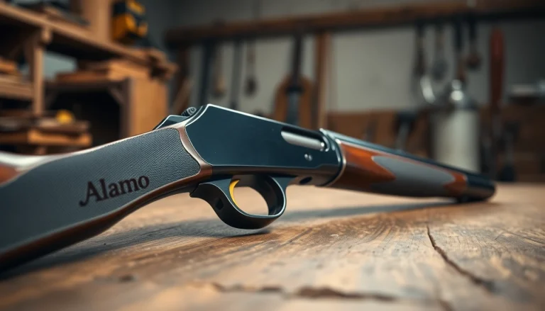 Highlighting the precision and design of the Alamo trigger in a rustic workshop setting.