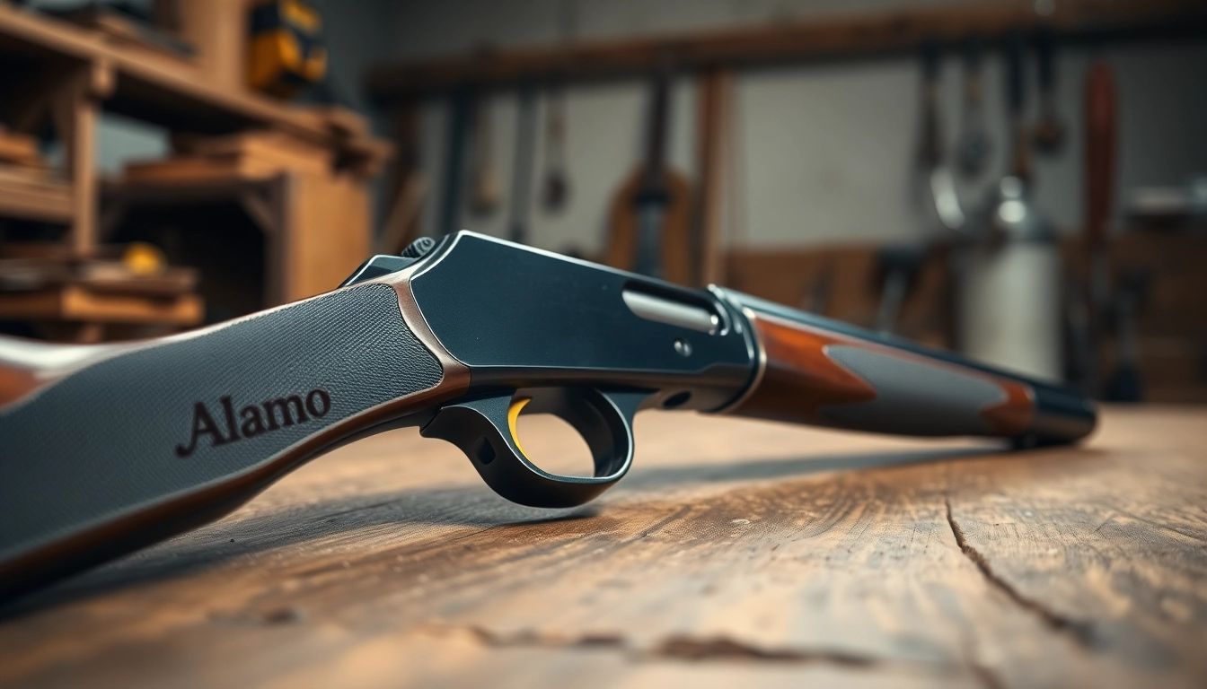 Highlighting the precision and design of the Alamo trigger in a rustic workshop setting.