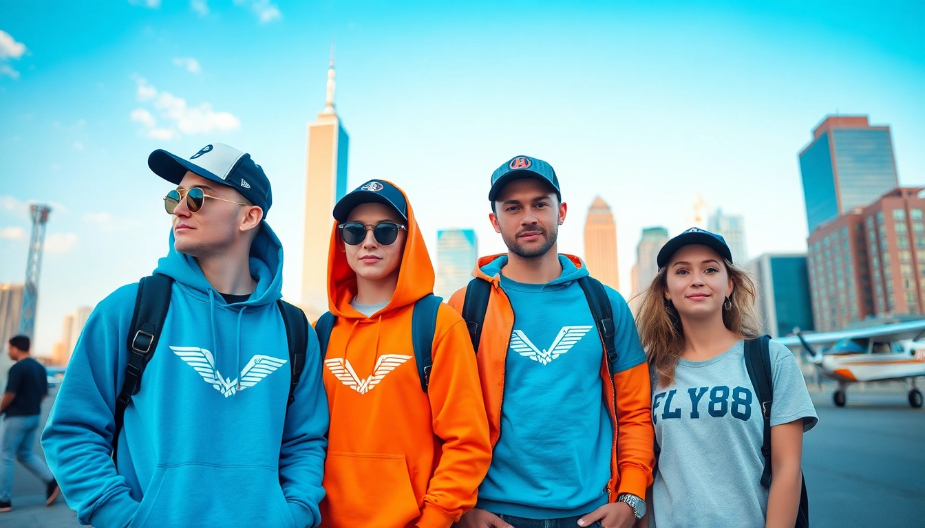 FLY88's trendy aviation-inspired apparel showcased in an urban setting, vibrant and adventurous.