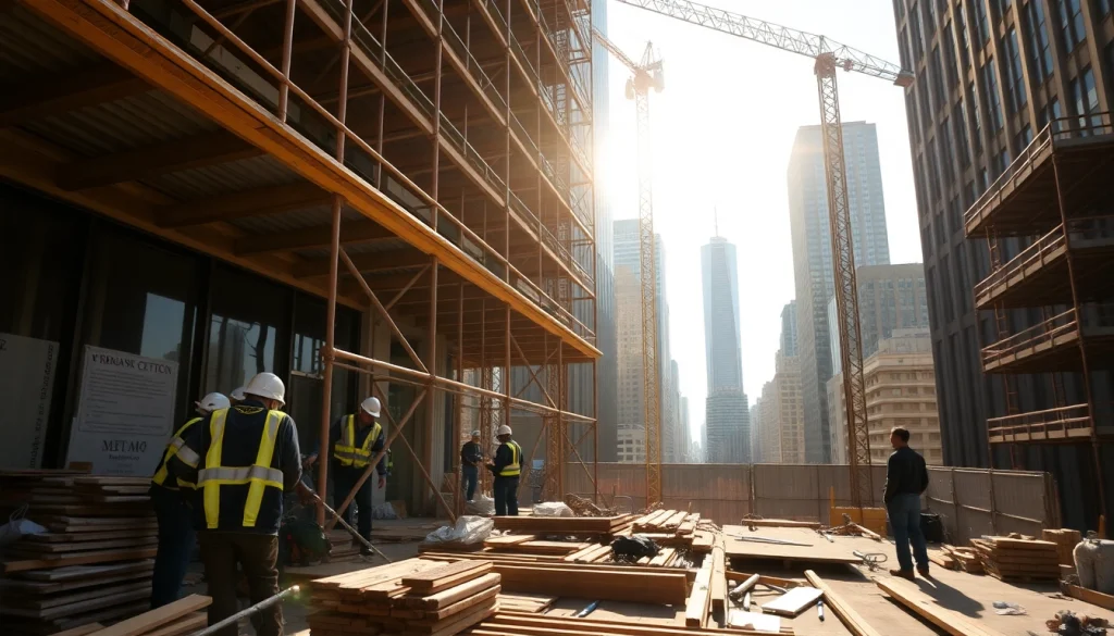 Workers at a construction site embodying the New York General Contractor spirit, collaborating on urban projects.