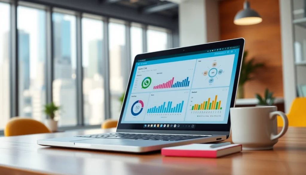 Engaging screen of WhatsApp Smart CRM showcasing business analytics in a modern office.