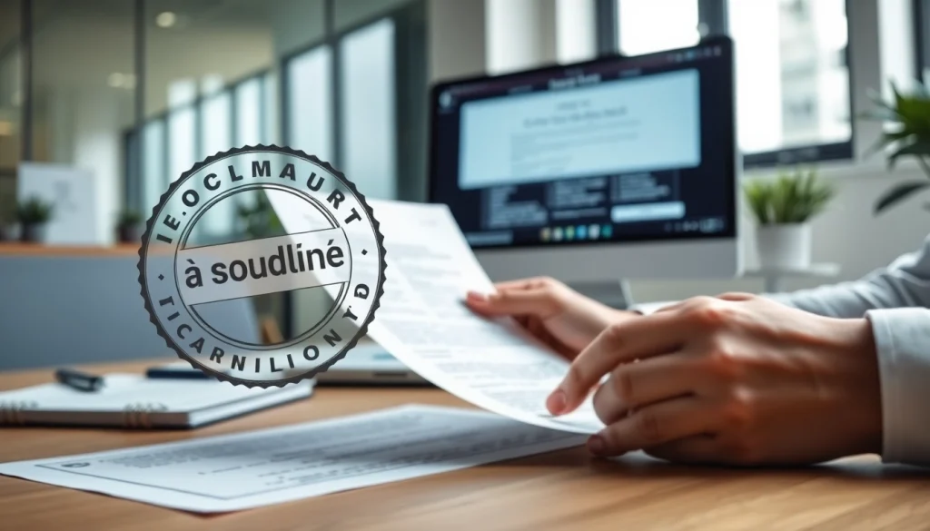 Professional translator reviewing legal documents for soudní překlad in a modern office setting.