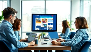 Professional team collaborating on thiết kế website theo yêu cầu in a modern office environment.