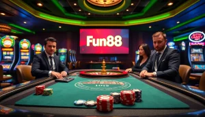 Experience the thrill of gambling with Fun88 link in a luxury casino setting featuring poker tables and slot machines.