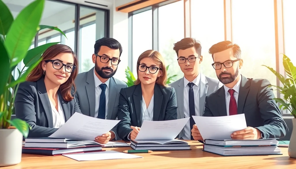 Team of environmental law firm attorneys meeting in a modern office, discussing strategies and solutions.