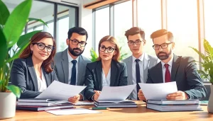 Team of environmental law firm attorneys meeting in a modern office, discussing strategies and solutions.