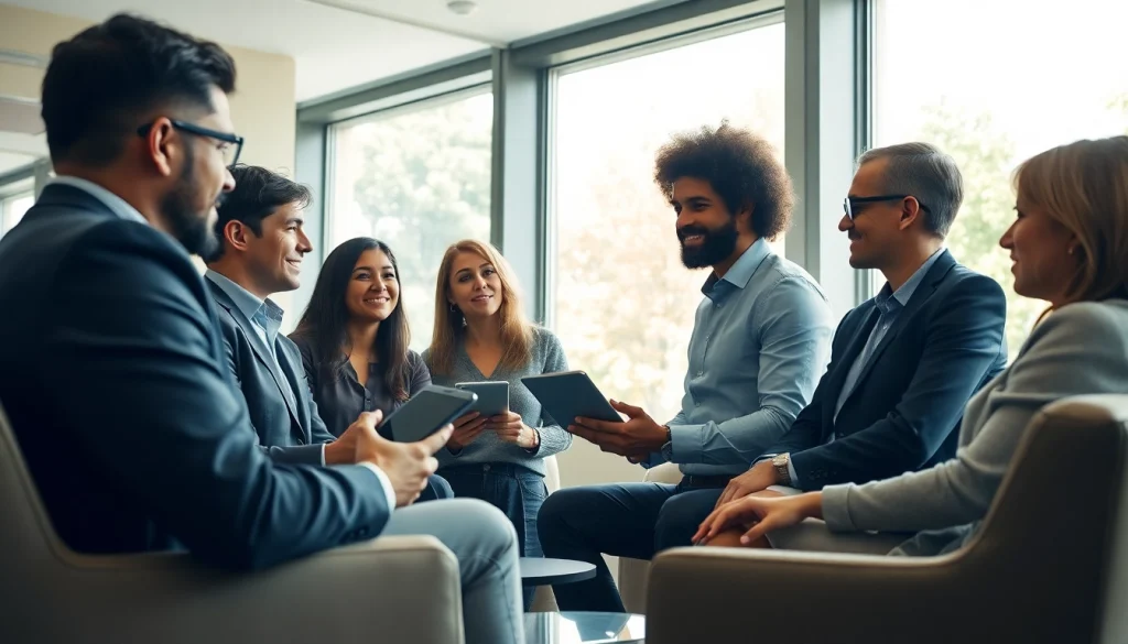 다양한 전문가들이 있는 현대적인 사무실 환경에서의 상품권신용카드 혜택에 대한 논의.