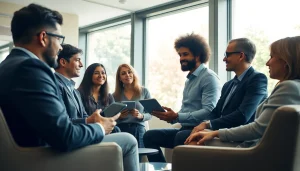 다양한 전문가들이 있는 현대적인 사무실 환경에서의 상품권신용카드 혜택에 대한 논의.