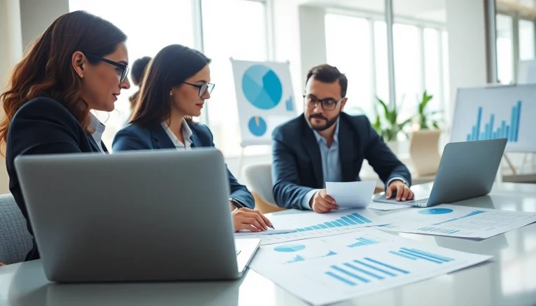 An engaged team analyzing competitive intelligence data in a bright, collaborative office setting.