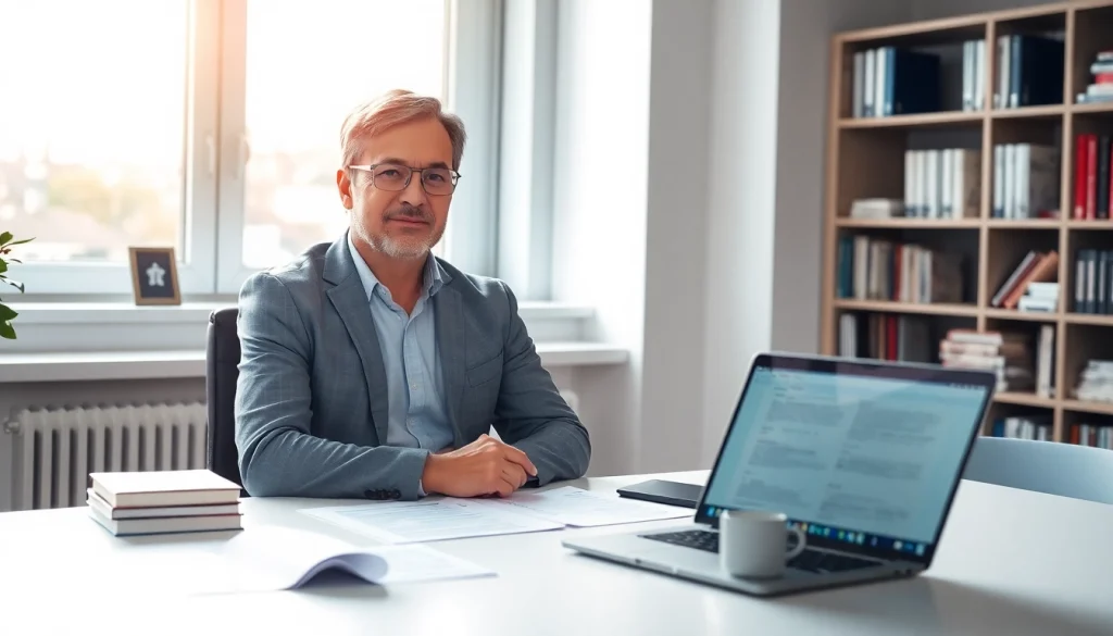 Traducteur assermenté professionnel à Lille au travail, entouré de documents de traduction.