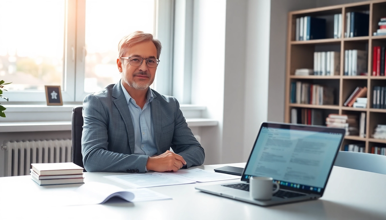 Traducteur assermenté professionnel à Lille au travail, entouré de documents de traduction.