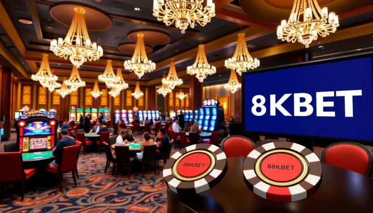 Experience the excitement of 8KBET at a luxurious casino with vibrant gaming tables.
